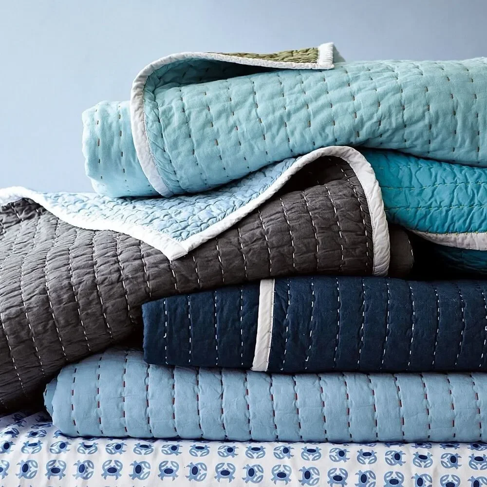 (2) Serena & Lily Euro Pillow Shams Set Cabin Quilted Aqua Turquoise Lime White